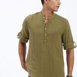 SHOWOFF Mandarin Collar Roll-Up Sleeves Straight Kurta-image-88