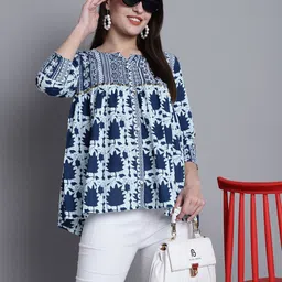 Roly Poly Geometric Print Flared Sleeve Ethnic Cotton Top-picture-1