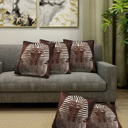 Aura Brown & Gold Toned 5 Pieces Mummy Printed Velvet Square Cushion Covers-image-49
