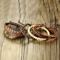 MEENAZ Men Pack Of 4 Artificial Stones and Beads Studded Leather Wraparound Bracelets-image-87