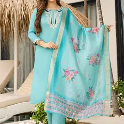 URMIR FASHION Women Floral Embroidered Regular Thread Work Kurta with Trousers & With Dupatta-image-82