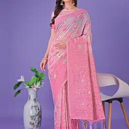 Panzora Floral Zari Linen Blend Designer Saree-16