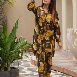 Zeyo Abstract Printed Mandarin Collar Long Sleeves Shirt With Trouser-picture-3