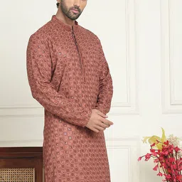 Anouk Brown Geometric Embroidered Sequinned Mandarin Collar Silk Kurta-image-77