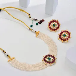 Anvik Gold-Plated Stone Studded And Beaded Necklace And Earrings-6
