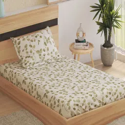 Home Centre Juniper Beige & Green Printed 160 TC Single Bedsheet Set 2.18 m x 1.52 m-image-28