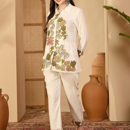 Sangria Women Off White Embroidered Shirt Collar Top With Straight Fit Slip On Trouser-picture-29
