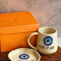 WEAVING HOMES White & Blue Printed Ceramic Glossy Mugs & Dessert Plate 250 ml-41