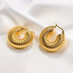 Anouk Stainless Steel Gold-Plated Grooved Waterproof Contemporary Hoop Earrings-image-31