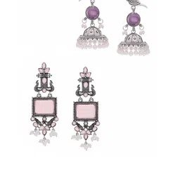 Anouk Set Of 2 Silver-Plated Artificial Stones Studded and Beaded Oxidised Dome Jhumkas image 3