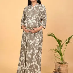 GOLDSTROMS Women Tropical Print Maternity Mandarin Collar Concealed Zip Maxi Dress-picture-20