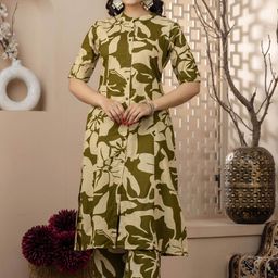 ANNAYEMA APPARELS Floral Printed Mandarin Collar Pure Cotton A-Line Kurta with Palazzos-picture-37