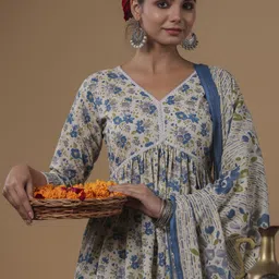 Indo Era Floral Printed Empire Pure Cotton A-Line Kurta with Sharara & Dupatta-13