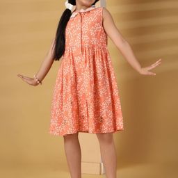 Sangria Girls Orange Cotton Print Collar Embroidery Detail A-Line Dress-picture-10