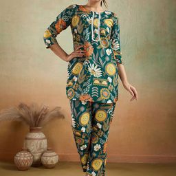 Women Basket Floral Printed Pure Cotton Round Neck Straight Kurta With Trousers-image-65
