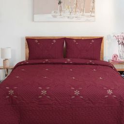 Bedbathandbliss Red & Beige Floral-Embroidered Cotton Reversible Queen Size Bed Cover-image-34