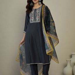 Anouk Navy Blue Floral Embroidered Straight Kurta With Trouser & Dupatta-image-46