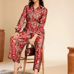 Anouk Red Printed Long Sleeves Shirt With Flared Palazzos & Belt image 5