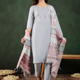 Sangria Floral Yoke Design Thread Work Straight Kurta And Trousers With Dupatta-20
