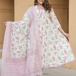 KALINI Floral Printed V-Neck Pure Cotton A-line Kurta With Trousers And Dupatta-image-83