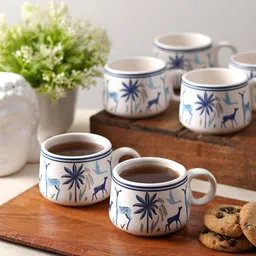 CDI White & Blue Printed Ceramic Glossy Cups Set of Cups and Mugs-44