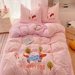 JC HOME Pink Checked Polycotton 3 Piece Double King Regular Bedding Set-image-67