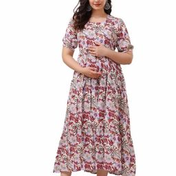 DEVEKWomen Floral Printed Puff Sleeve Tiered Maternity Fit & Flare Maxi Dress-image-43