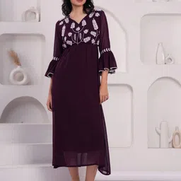 HIGHLIGHT FASHION EXPORT Women V-Neck Bell Sleeve Jacquard Fit & Flare Midi Dress-image-86