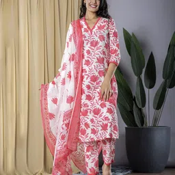 Jaitpuriya Women Floral Printed Regular Pure Cotton Kurta with Trousers & With Dupatta-image-50