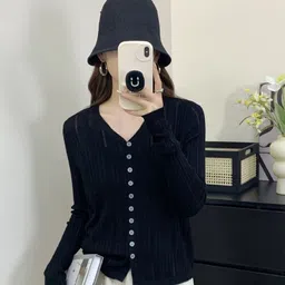 KPOP Women Solid V-Neck Cardigan-image-2
