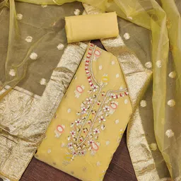 HERE&NOW Floral Woven Design Beads and Stones Organza Jacquard Unstitched Dress Material-image-8