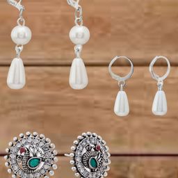 ATIBELLE Set Of 3 Silver-Plated Artificial Stones Studded and Beads Beaded Drop Earrings-20