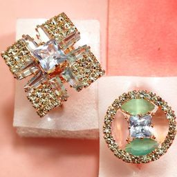 DIVYANSHI COLLECTION Set Of 2 Multicolour American Diamond Brass Ring Set-image-75