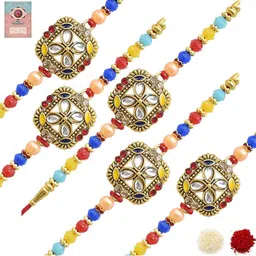 MEIRA JEWELLERY Set Of 5 Rakhi With Roli Chawal & Greetings Card Set-picture-9