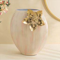 Home Centre Tamaira Colt Beige & Pink Ceramic Metal Floral Vase-image-5