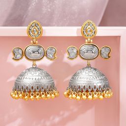 Rubans Gold-Plated Artificial Beads Beaded Studded Dual-Toned Oxidised Dome Shaped Jhumkas-7