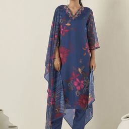 Anouk Women Floral Printed Regular Thread Work Kurta with Trousers & With Dupatta image 1