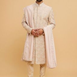 Twamev Embroidered Mandarin Collar Sherwani Set With Dupatta-image-58