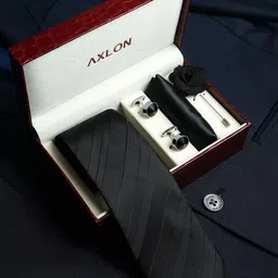 AXLON Men Striped Tie Pocket Square Cufflink & Flower Pin Accessory Gift Set-48
