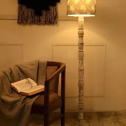 green girgit White & Brown Leaves Printed Wooden Cylinder Shaped Floor Lamp-31