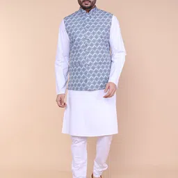 W & G Mandarin Collar Straight Kurta with Churidar & Nehru Jacket-image-97