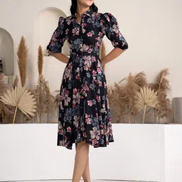 DressBerry Floral Print Puff Sleeve Crepe Fit & Flare Dress-picture-8