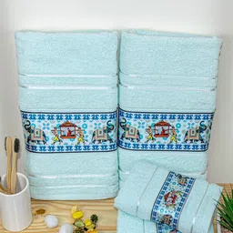 RANGOLI Turquoise Blue & Red 4 Piece Printed Cotton 450 GSM Towel Set-12