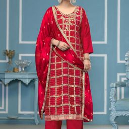 KALINI Women Red & Golden Woven Design Cotton Silk Unstitched Dress Material-picture-3