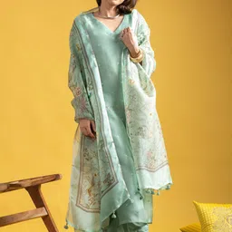 DIVASTRI Women Ethnic Motifs Embroidered Regular Sequinned Chanderi Silk Kurta with Trousers & With Dupatta-picture-19