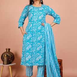 Rudra Bazaar Floral Printed Round Neck Pure Cotton Kurta With Pyjamas & Dupatta-picture-24