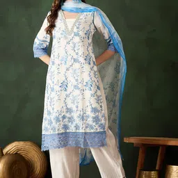 Sangria Blue Floral Embroidered Thread Work Kurta With Trouser & Dupatta-picture-19