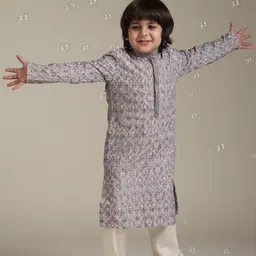 Manyavar Boys Floral Printed Mandarin Collar Straight Kurta with Pyjamas-picture-49