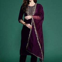 Anouk Ethnic Motifs Embroidered Thread Work Velvet Kurta with Trousers & With Dupatta-image-86