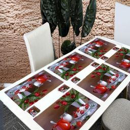 REVEXO 12 Pcs Brown & Red Printed Table Placemats With Coasters-26
